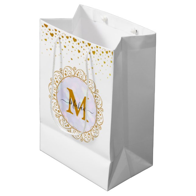 Elegant Gold Glitter Initial & Name Medium Gift Bag (Front Angled)