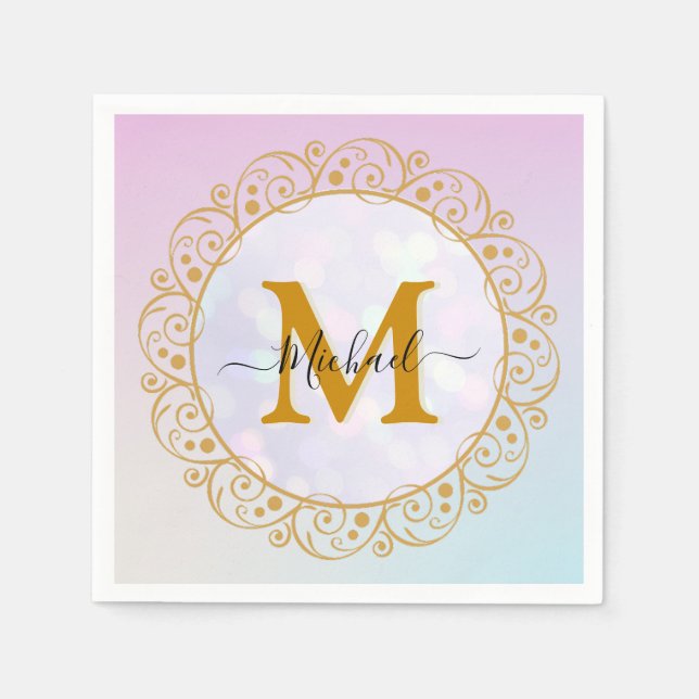 Elegant Gold Glitter Initial & Name Napkin (Front)