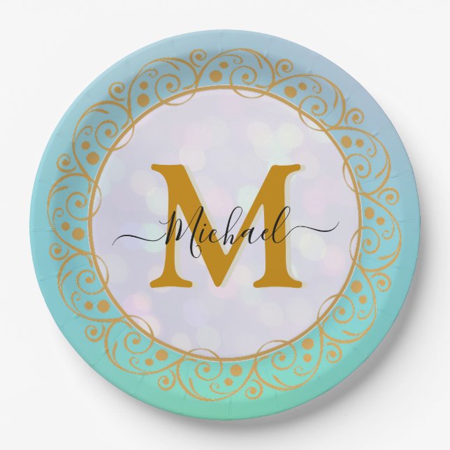 Elegant Gold Glitter Initial & Name Paper Plate (Front)