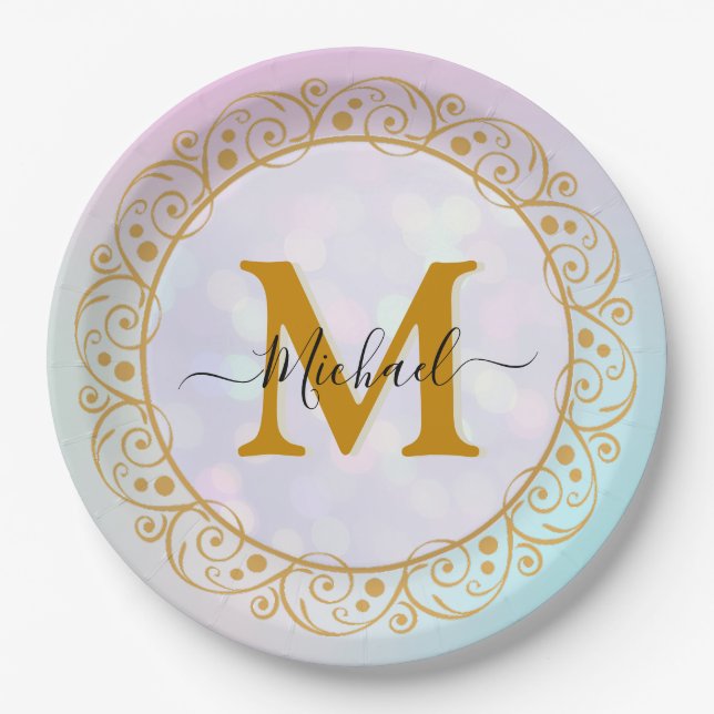 Elegant Gold Glitter Initial & Name Paper Plate (Front)