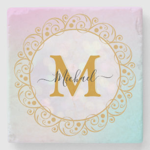 Elegant Gold Glitter Initial & Name Stone Coaster