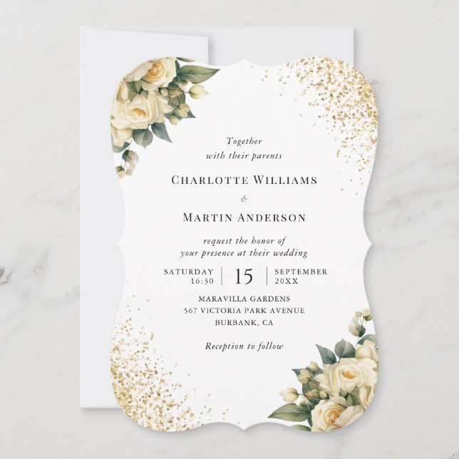 Elegant Gold Glitter Ivory Roses Floral Wedding Invitation (Front)