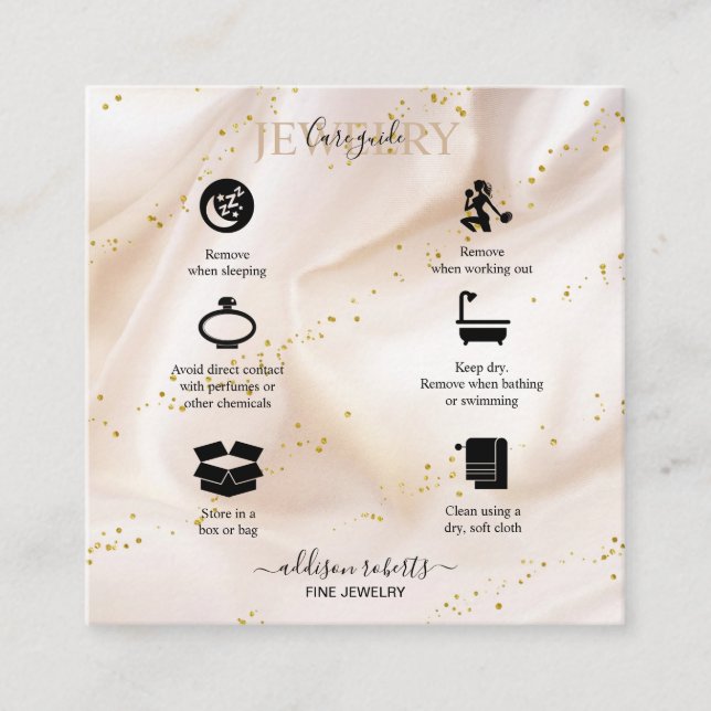 Elegant Gold Glitter Jewellery Care Square Business Card (Front)