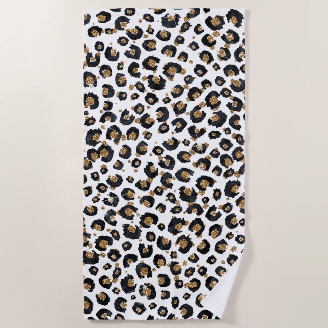 Elegant Gold Glitter Leopard Pattern Beach Towel (Front)