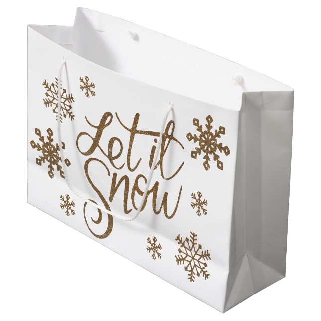 Elegant gold glitter let it snow text snowflakes large gift bag (Front Angled)