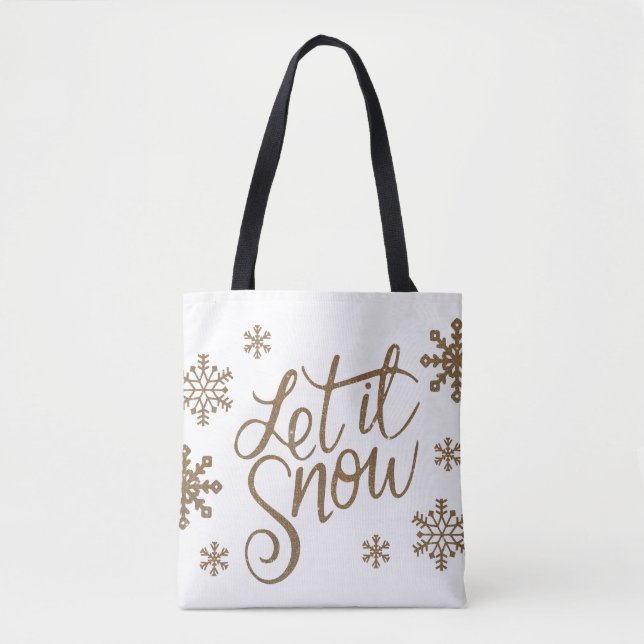 Elegant gold glitter let it snow text snowflakes tote bag (Front)