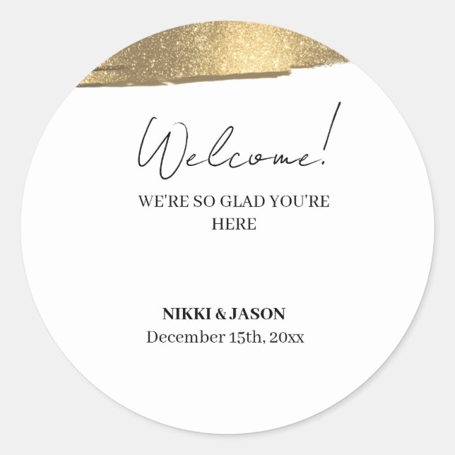 Elegant Gold Glitter Line Minimal Wedding Welcome  Classic Round Sticker (Front)