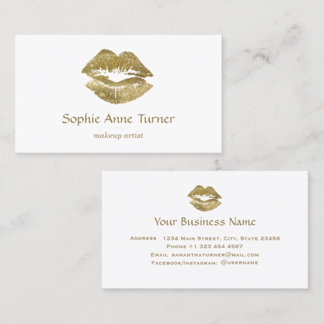 Elegant Gold Glitter Lips Makeup Artist Business Card (Front/Back)