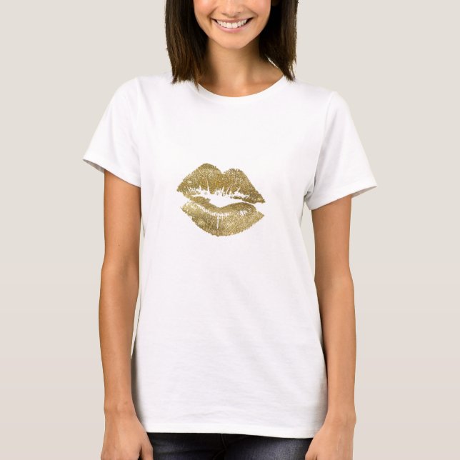 Elegant Gold Glitter Lips Pattern T-Shirt (Front)