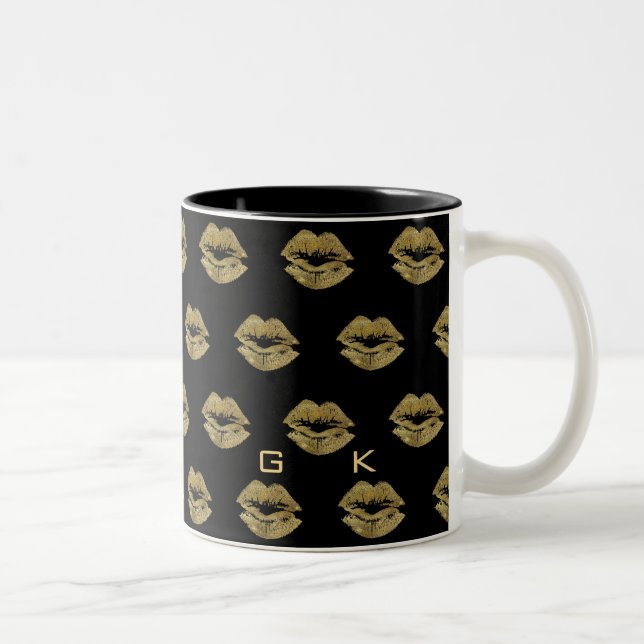 Elegant Gold Glitter Lips Pattern Two-Tone Coffee Mug (Right)