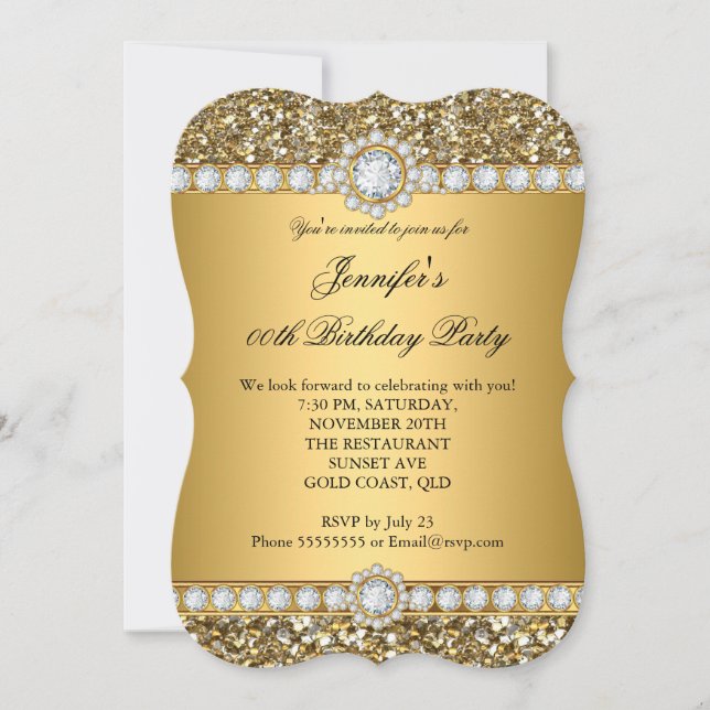 Elegant Gold Glitter Look Diamond Trim Birthday Invitation (Front)