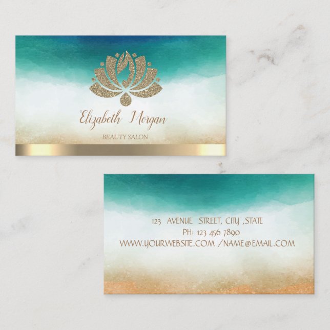 Elegant Gold Glitter Lotus Beauty Salon Watercolor Business Card (Front/Back)