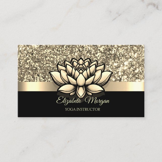 Elegant Gold Glitter Lotus Flower Yoga Instructor Business Card (Front)
