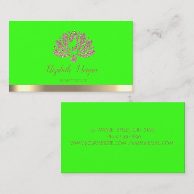 Elegant Gold Glitter Lotus Green Neon Business Card (Front/Back)