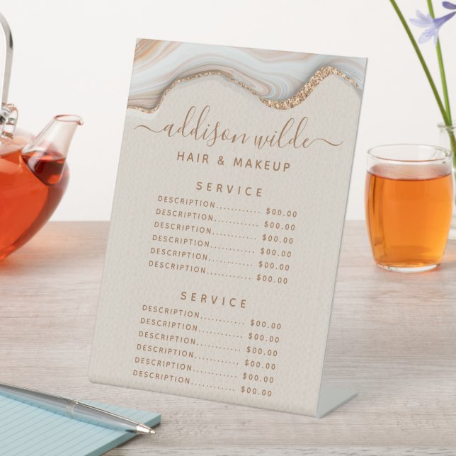 Elegant Gold Glitter Marble Agate Service Price Pedestal Sign (In SItu)