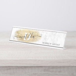 Elegant gold glitter marble makeup artist  desk name plate