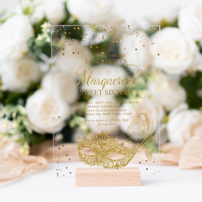 Elegant Gold Glitter Masquerade Sweet 16 Acrylic Invitations (Creator Uploaded)