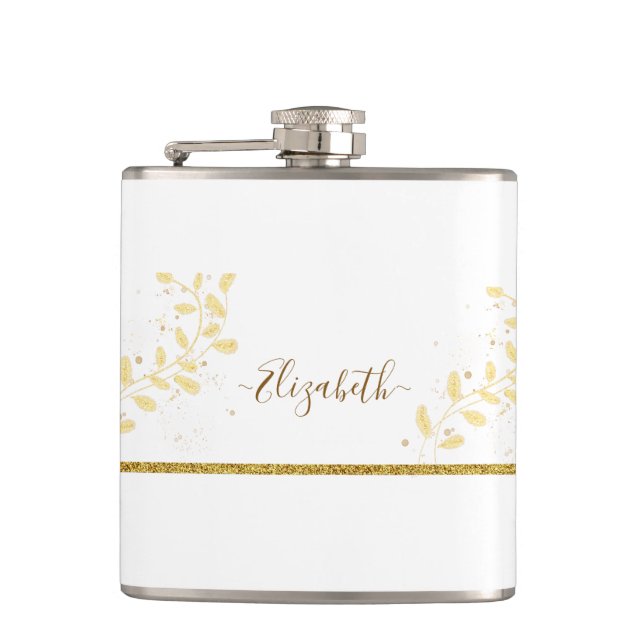 Elegant Gold Glitter Monogram Name Hip Flask (Front)