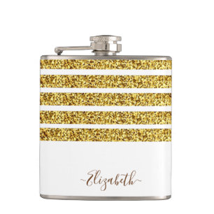 Elegant Gold Glitter Monogram Name Hip Flask