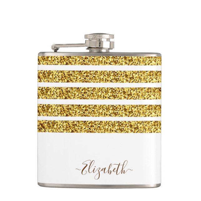 Elegant Gold Glitter Monogram Name Hip Flask (Front)