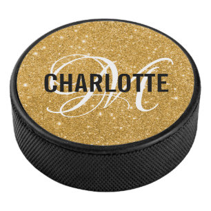Elegant gold glitter monogram name hockey puck