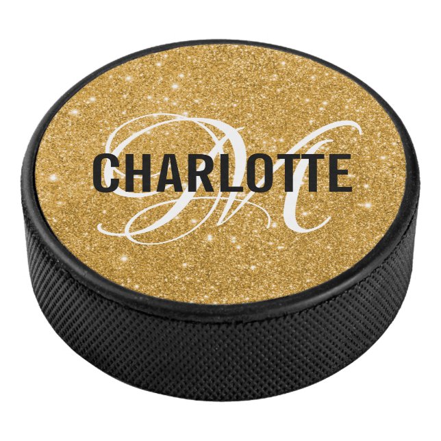 Elegant gold glitter monogram name  hockey puck (3/4)