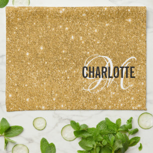 Elegant gold glitter monogram name kitchen towel