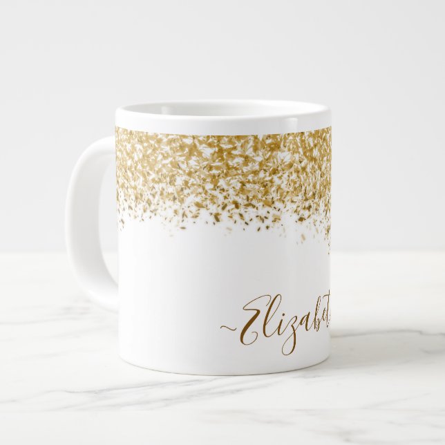 Elegant Gold Glitter Monogram Name Large Coffee Mug (Front Left)
