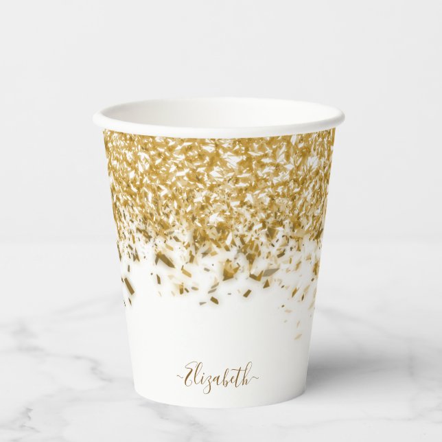 Elegant Gold Glitter Monogram Name Paper Cups (Front)