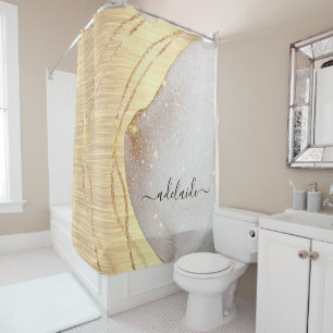 Elegant Gold Glitter Monogram Name Script Metallic Shower Curtain