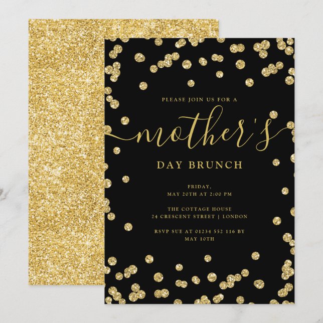 Elegant Gold Glitter Mother's Day Brunch Black  Invitation (Front/Back)
