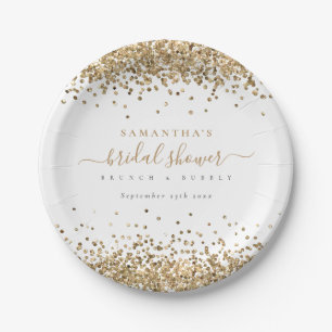 Elegant Gold Glitter Name Date Bridal Shower Paper Plate