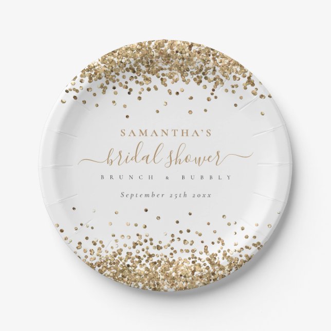 Elegant Gold Glitter Name Date Bridal Shower Paper Plate (Front)