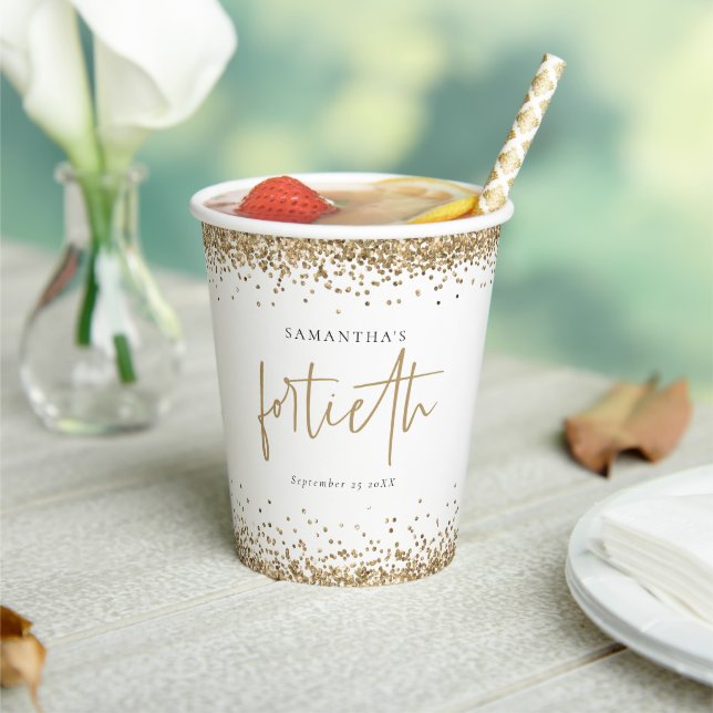 Elegant Gold Glitter Name Date Fortieth Party Pape Paper Cups (Insitu)