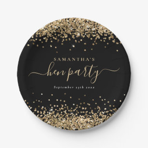 Elegant Gold Glitter Name Date Hen Party Black Paper Plate