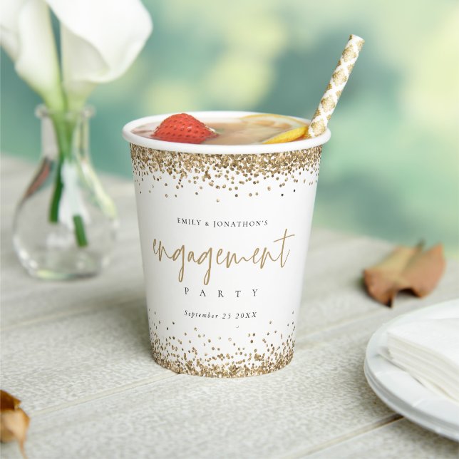 Elegant Gold Glitter Names Date Engagement Party Paper Cups (Insitu)