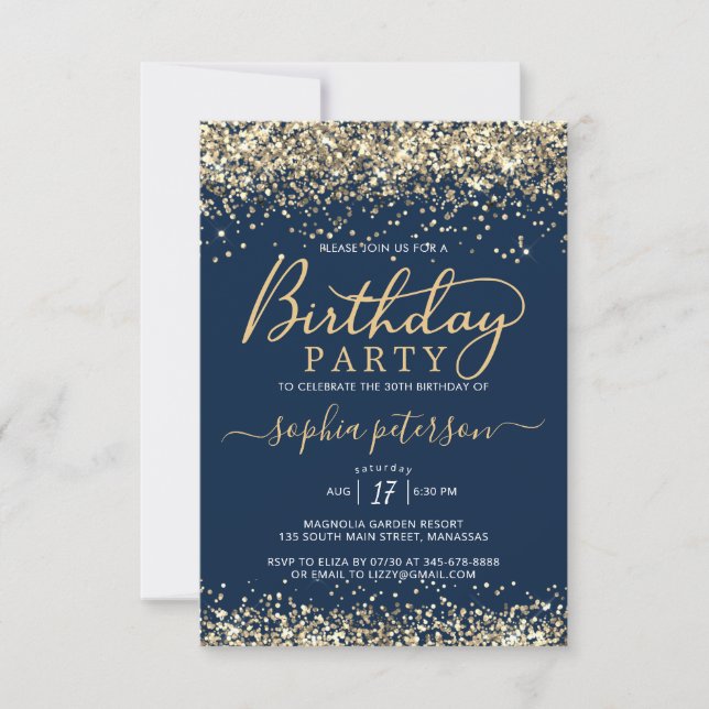 Elegant Gold Glitter Navy Blue Any Age Birthday Invitation (Front)