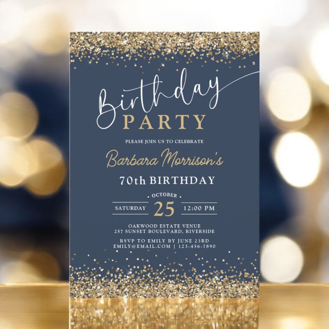 Elegant Gold Glitter Navy Blue Birthday Any Age Invitation (Creator Uploaded)