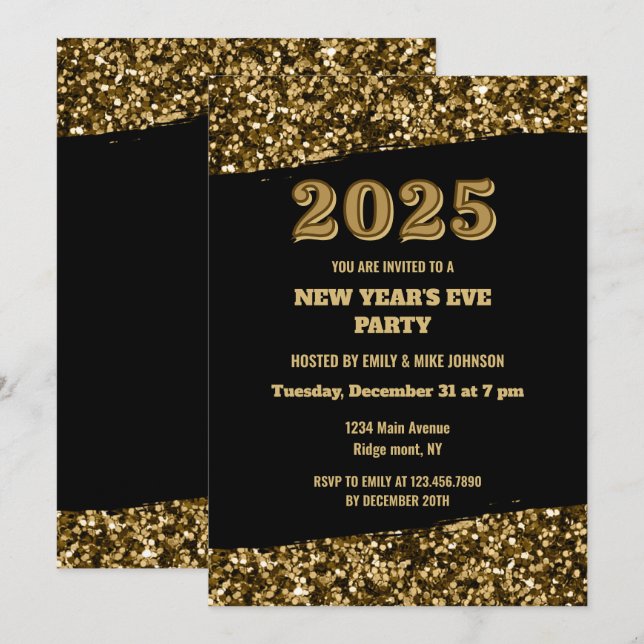Elegant Gold Glitter New Years Eve Black 2025 Invitation (Front/Back)