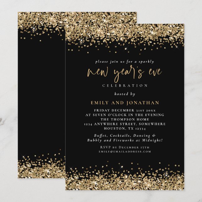 Elegant Gold Glitter New Years Eve Black  Invitation (Front/Back)