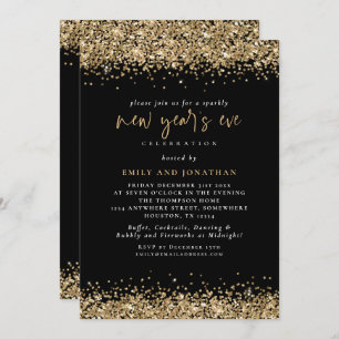 Elegant Gold Glitter New Years Eve Black Invitation