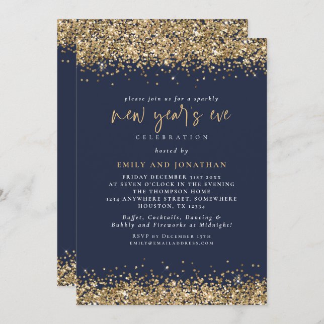 Elegant Gold Glitter New Years Eve Navy Blue Invitation (Front/Back)