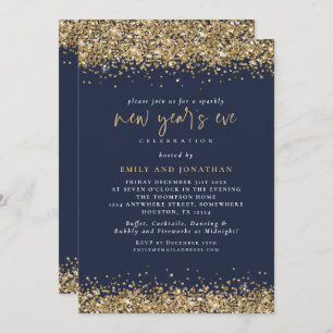 Elegant Gold Glitter New Years Eve Navy Blue Invitation