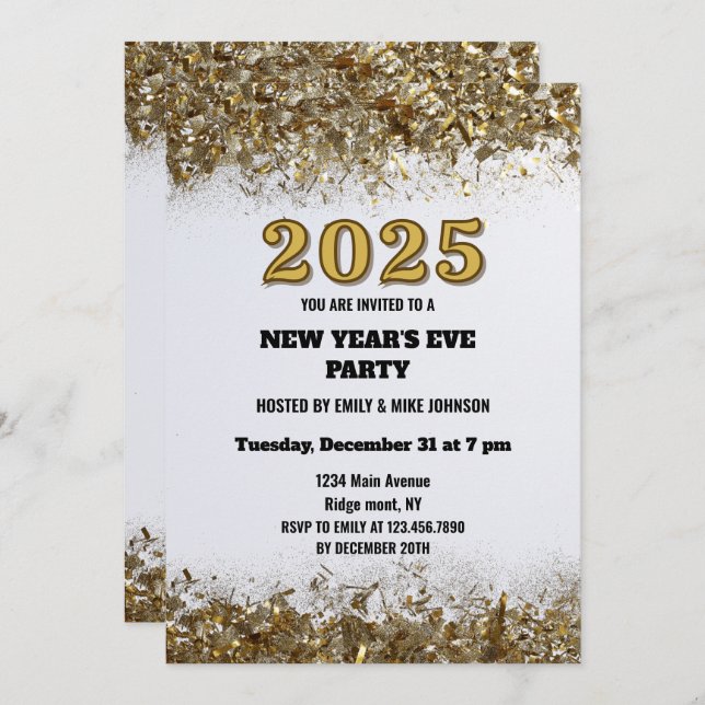 Elegant Gold Glitter New Years Eve white 2025 Invitation (Front/Back)