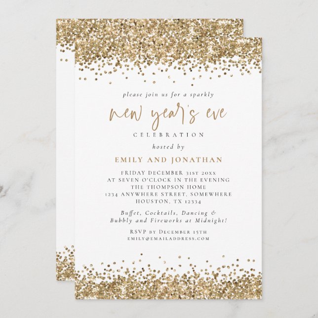 Elegant Gold Glitter New Years Eve White Invitation (Front/Back)