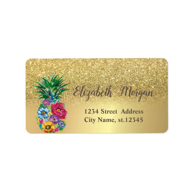 Elegant Gold Glitter Ombre Floral Pineapple Label (Front)