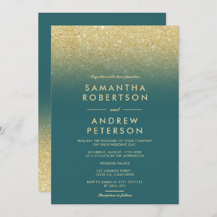 Elegant gold glitter ombre teal wedding invitation
