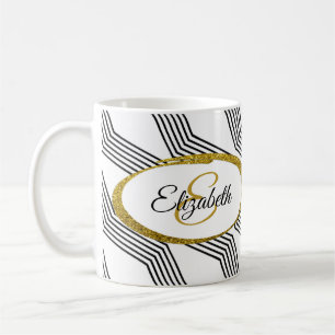 Elegant Gold Glitter Oval Initial Letter and Name Coffee Mug
