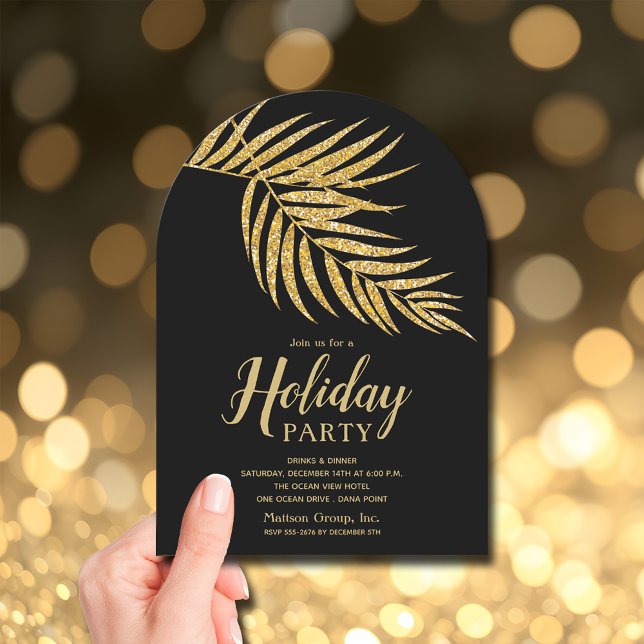 Elegant Gold Glitter Palm Holiday Christmas Invitation (Elegant gold faux glitter palm fronds holiday Christmas invitations, PRINTED and/or INSTANT DOWNLOAD)