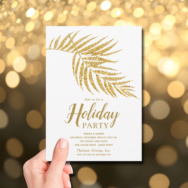 Elegant Gold Glitter Palm Holiday Christmas Invitation (Elegant gold faux glitter palm fronds holiday Christmas invitations)